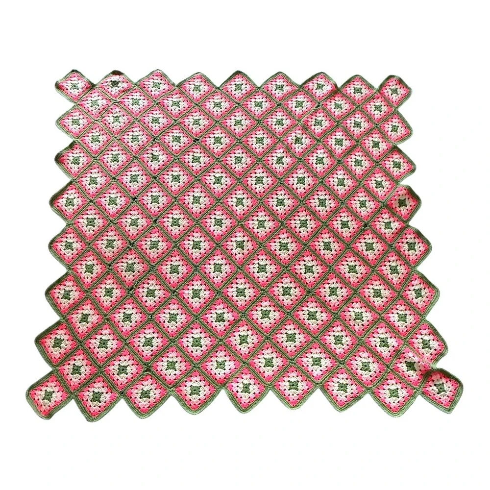 Vintage Crochet Granny Square‎ Afghan 58x64 Pink Green Throw Blanket Handmade